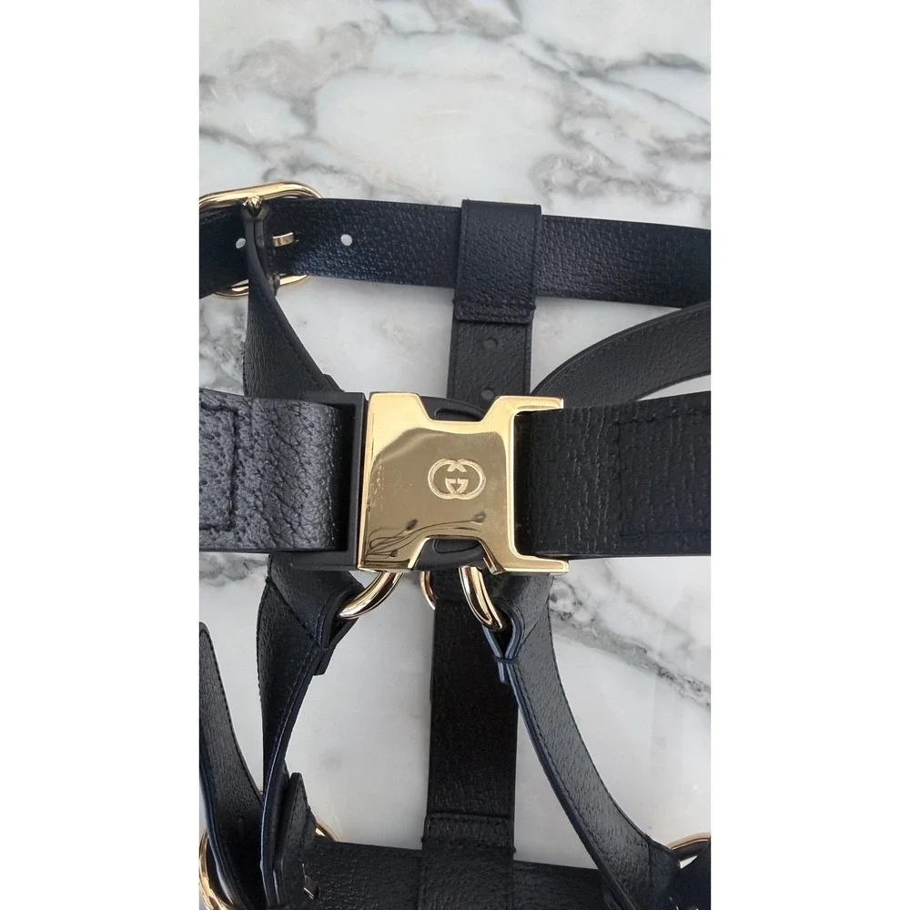 Gucci Black Demetra Dog Harness Gold Hardware Large 695253‎ NEW